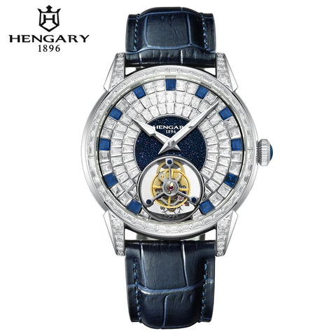 HENGARY Luxury Sapphire Tourbillon Watch Automatic Movement  Diamond set Watch Blue Calfskin Strap 50ATM 43mm Dial Zircon