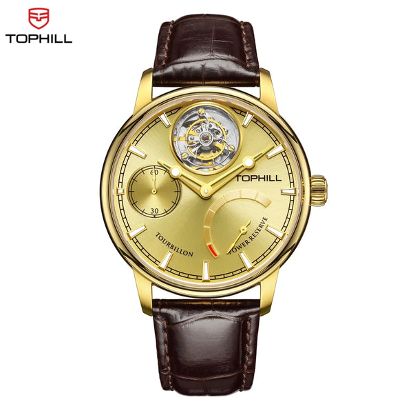Tophill Tourbillon Watch for men Mechanical watch Luxury Skeleton dial Power reserve Leather strap reloj