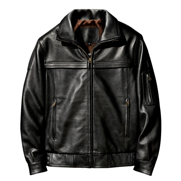 Black Autumn Leather Jacket Men Military Style Plus Size 5XL Genuine Natural Cowhide Turn-Down Collar Flight Leather Coat