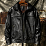 Black Autumn Leather Jacket Men Military Style Plus Size 5XL Genuine Natural Cowhide Turn-Down Collar Flight Leather Coat