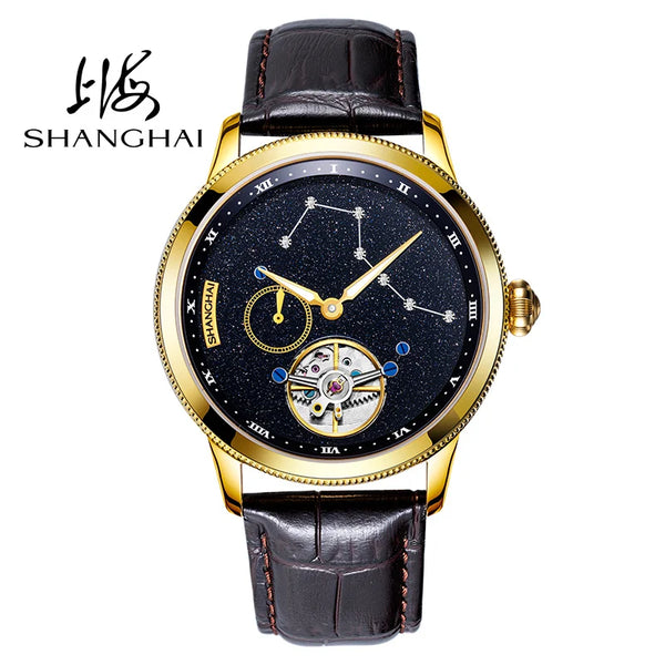 Shanghai Tourbillon Watch Men's Mechanical Watch Manual Winding Mechanical Watch Genuine Leather Strap Calendar Sapphire Watch