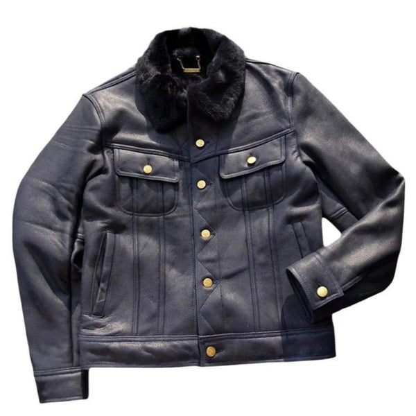 Dark Blue Winter Shearling Jacket Men Denim Style Plus Size 4XL Genuine Natural Thick Sheepskin Warm Single Breasted Short Coat