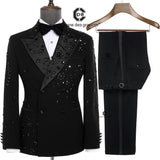 Cenne Des Graoom 2025 New Elegant Luxury Men Suits Double-Breasted Black Jewelry Ornament Shining Tuxedo for Wedding Party Groom