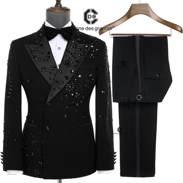 Cenne Des Graoom 2025 New Elegant Luxury Men Suits Double-Breasted Black Jewelry Ornament Shining Tuxedo for Wedding Party Groom