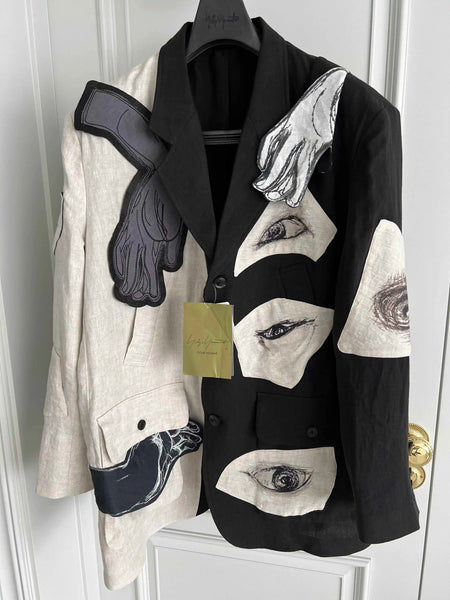 TOP-YAMAMOTO original design eye and hand linen patchwork patch suit Black and white suit